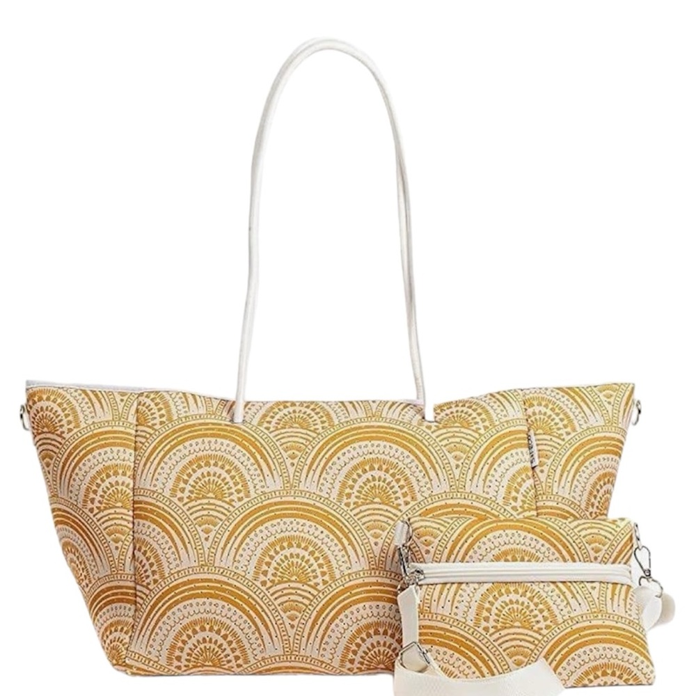 Sol-Eco neoprene large tote bag and makeup bag YELLOW printed oversized NEW